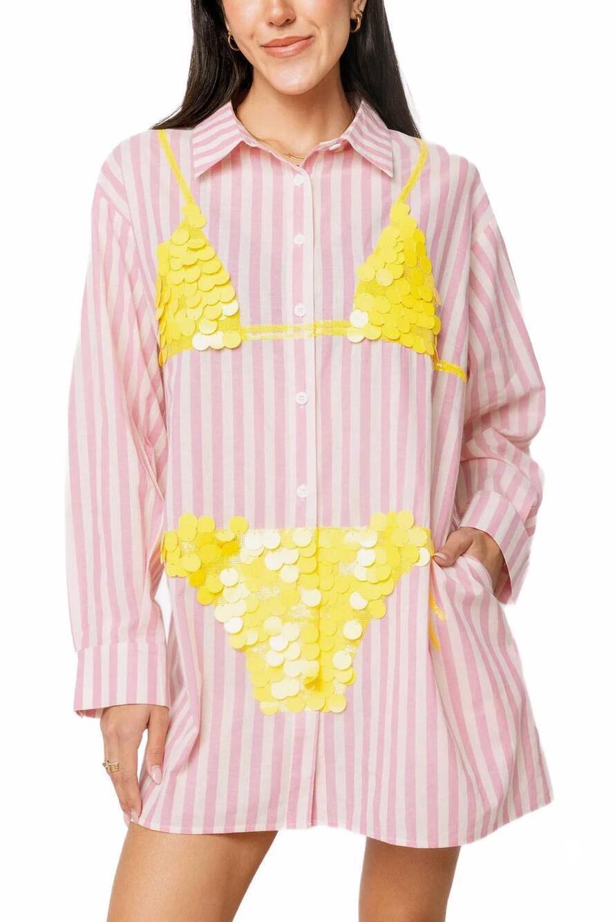 NEW QUEEN OF SPARKLES paillette bikini tunic in pink striped yellow